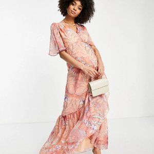 Hope & Ivy Maternity wrap maxi tea dress coral floral US 8 Medium (UK Size 12)